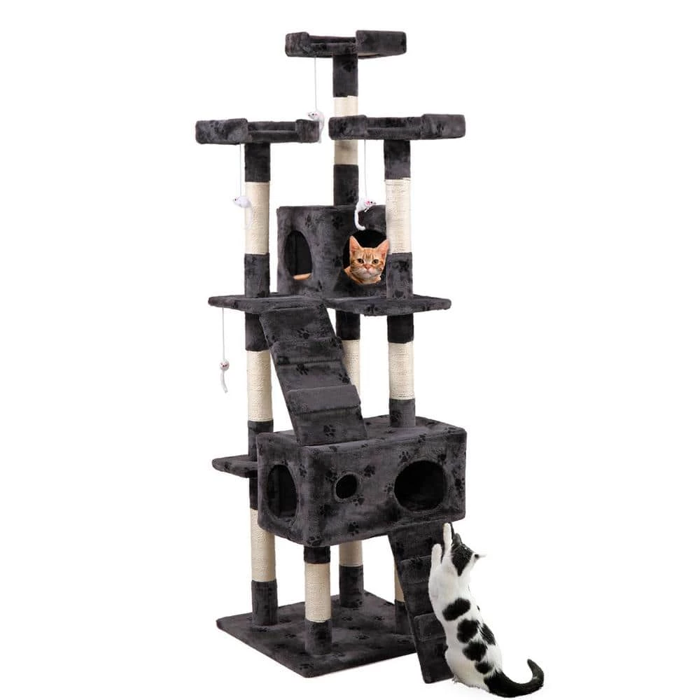 67 in. Grey with Paw Print Cat Tree Tower Kitten Condo House by COZIWOW 3 67 in. Grey with Paw Print Cat Tree Tower Kitten Condo House by COZIWOW - Image 3