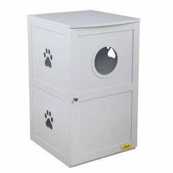 2-Tier Wood Cat House Washroom Litter Box Cover with Openable Door, White by COZIWOW