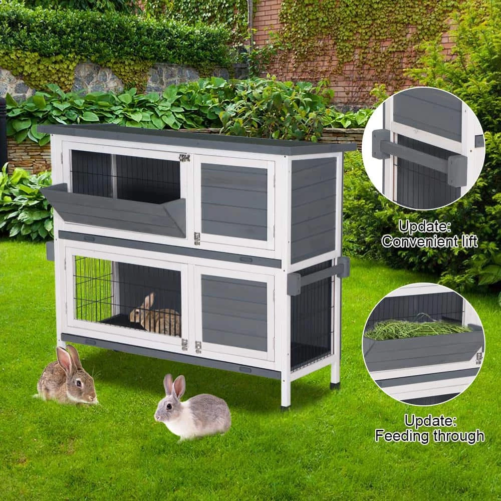 48 in. 2-Floors Wooden Rabbit Hutch Rabbit Hutch Chicken Coop House Wooden White Gray by Foobrues 9 48 in. 2-Floors Wooden Rabbit Hutch Rabbit Hutch Chicken Coop House Wooden White Gray by Foobrues - Image 9