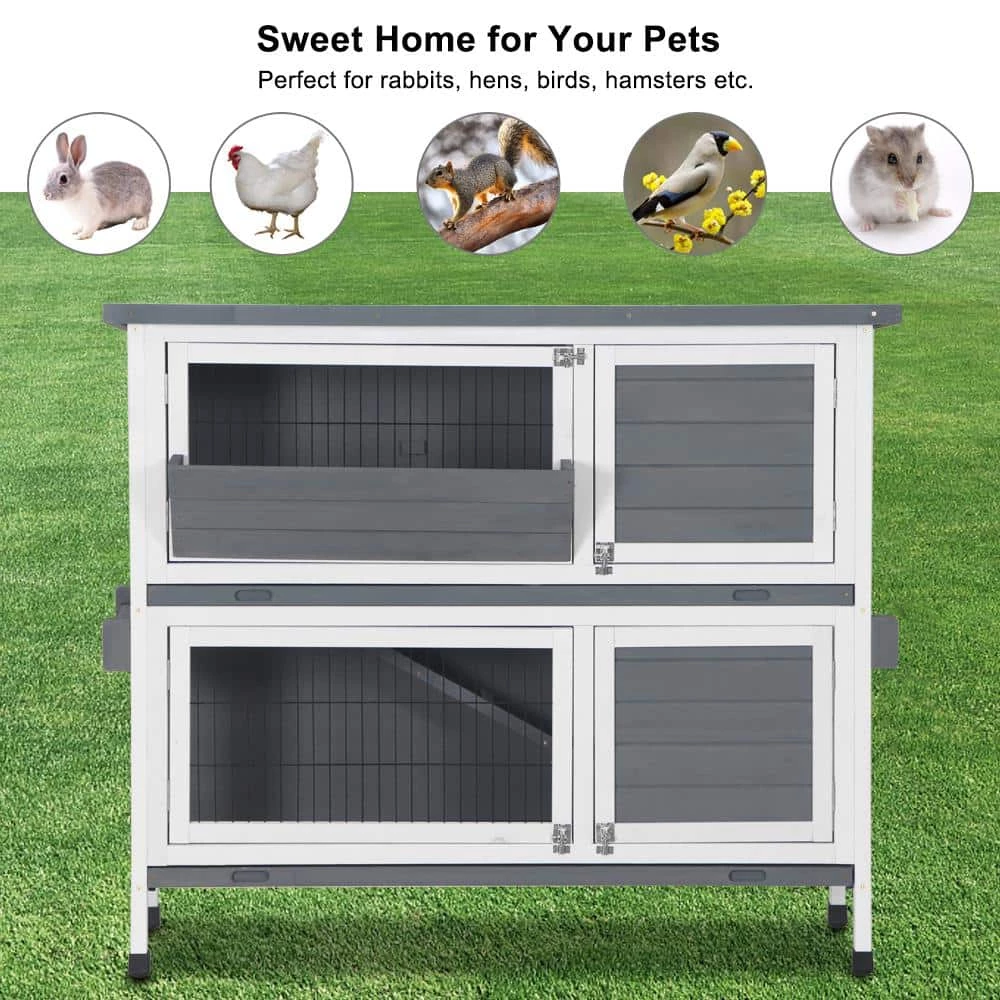 48 in. 2-Floors Wooden Rabbit Hutch Rabbit Hutch Chicken Coop House Wooden White Gray by Foobrues 7 48 in. 2-Floors Wooden Rabbit Hutch Rabbit Hutch Chicken Coop House Wooden White Gray by Foobrues - Image 7