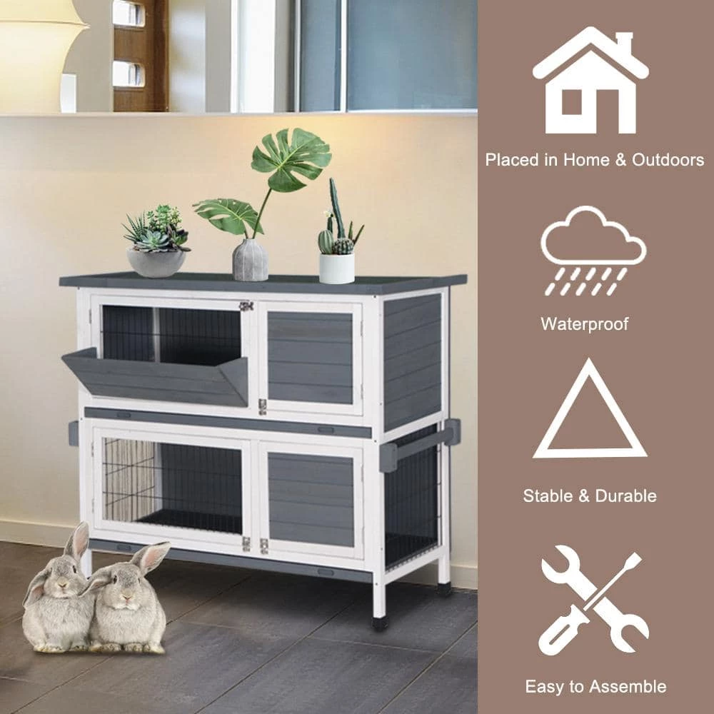 48 in. 2-Floors Wooden Rabbit Hutch Rabbit Hutch Chicken Coop House Wooden White Gray by Foobrues 11 48 in. 2-Floors Wooden Rabbit Hutch Rabbit Hutch Chicken Coop House Wooden White Gray by Foobrues - Image 11