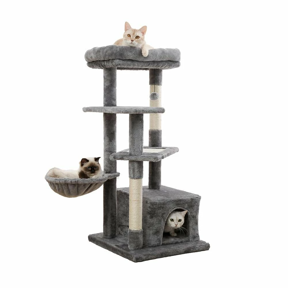 Gray Cat Tree Multi-Level Cat Tower with Sisal Covered Scratching Posts, Spacious Condo, Cozy Hammock and Plush Perch by Foobrues 1 Gray Cat Tree Multi-Level Cat Tower with Sisal Covered Scratching Posts, Spacious Condo, Cozy Hammock and Plush Perch by Foobrues