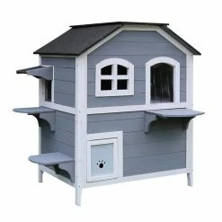 Outdoor Cat House with 2-Levels, Waterproof Roof, Escape Doors and Ledge Seating by Hanover
