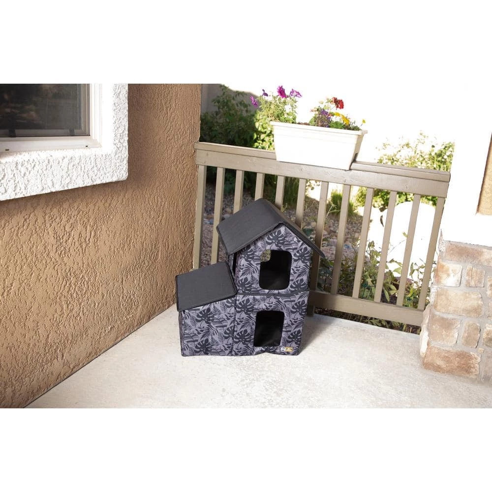 Outdoor 2-Story Kitty House with Dining Room Gray Leaf Print Medium by K and H Pet Products 4 Outdoor 2-Story Kitty House with Dining Room Gray Leaf Print Medium by K and H Pet Products - Image 4
