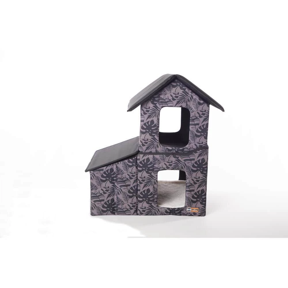 Outdoor 2-Story Kitty House with Dining Room Gray Leaf Print Medium by K and H Pet Products 1 Outdoor 2-Story Kitty House with Dining Room Gray Leaf Print Medium by K and H Pet Products