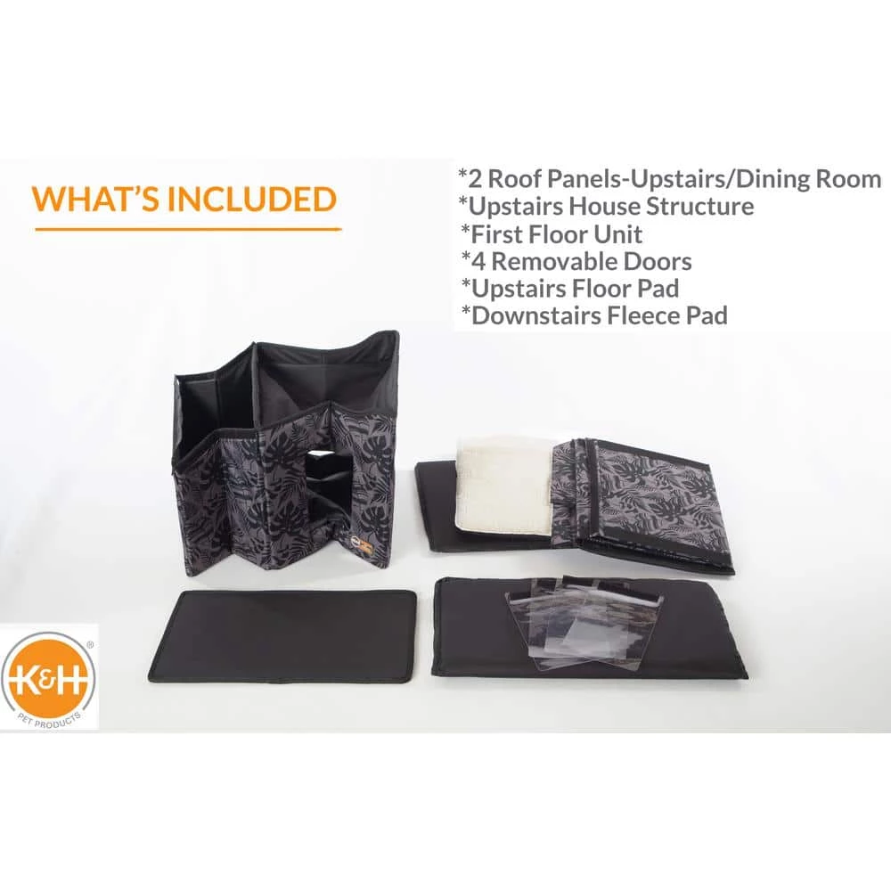 Outdoor 2-Story Kitty House with Dining Room Gray Leaf Print Medium by K and H Pet Products 2 Outdoor 2-Story Kitty House with Dining Room Gray Leaf Print Medium by K and H Pet Products - Image 2