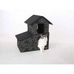 Outdoor 2-Story Kitty House with Dining Room Green Leaf Print Medium by K and H Pet Products -Cheap Bird & Wildlife Supplies Store k and h pet products cat houses 100544931 31 1000
