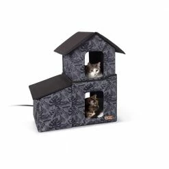 Outdoor Heated 2-Story Kitty House with Dining Room Gray Leaf Print Medium by K and H Pet Products -Cheap Bird & Wildlife Supplies Store k and h pet products cat houses 100544932 1f 1000