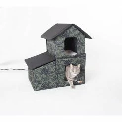 Outdoor Heated 2-Story Kitty House with Dining Room Green Leaf Print Medium by K and H Pet Products -Cheap Bird & Wildlife Supplies Store k and h pet products cat houses 100544933 31 1000