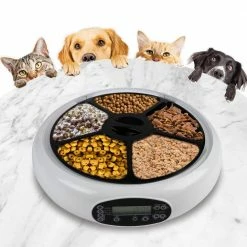 Lentek 5 Meal Automatic Pet Feeder with Voice Message, White, 5 oz. Compartments for Portion Control
