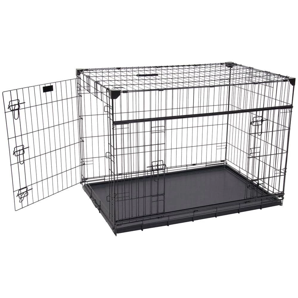 42 in. Sliding Double Door Dog Crate with Patented Corner Stabilizers, Removable Tray, Rubber Feet and Carrying Handle by Lucky Dog 1 42 in. Sliding Double Door Dog Crate with Patented Corner Stabilizers, Removable Tray, Rubber Feet and Carrying Handle by Lucky Dog