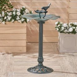 Sandberg Antique Green Metal Pedestal Bird Bath by Noble House