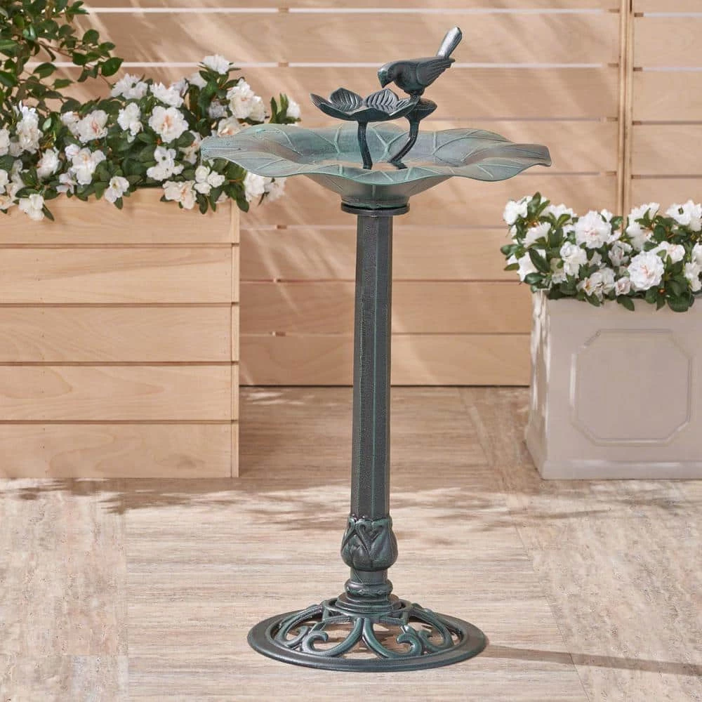 Sandberg Antique Green Metal Pedestal Bird Bath by Noble House 1 Sandberg Antique Green Metal Pedestal Bird Bath by Noble House