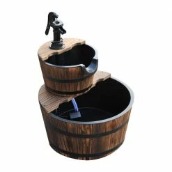 Wooden Rustic Barrel Water Fountain with 2 Different Levels by Outsunny