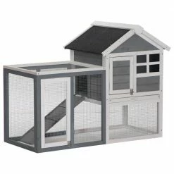 Grey Wooden Weatherproof Rabbit Hutch with Slanted Asphalt Roof & Fun Outdoor Run by PawHut
