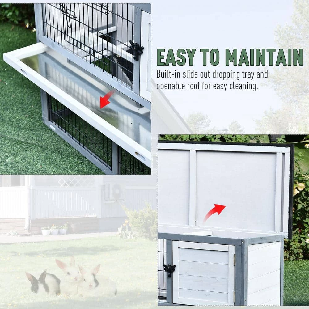 Grey Wooden Rabbit Hutch 4 Door House with Ramp, Removable Tray and Weatherproof Roof - Small by PawHut 4 Grey Wooden Rabbit Hutch 4 Door House with Ramp, Removable Tray and Weatherproof Roof - Small by PawHut - Image 4