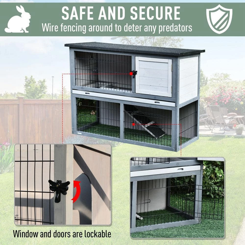 Grey Wooden Rabbit Hutch 4 Door House with Ramp, Removable Tray and Weatherproof Roof - Small by PawHut 5 Grey Wooden Rabbit Hutch 4 Door House with Ramp, Removable Tray and Weatherproof Roof - Small by PawHut - Image 5