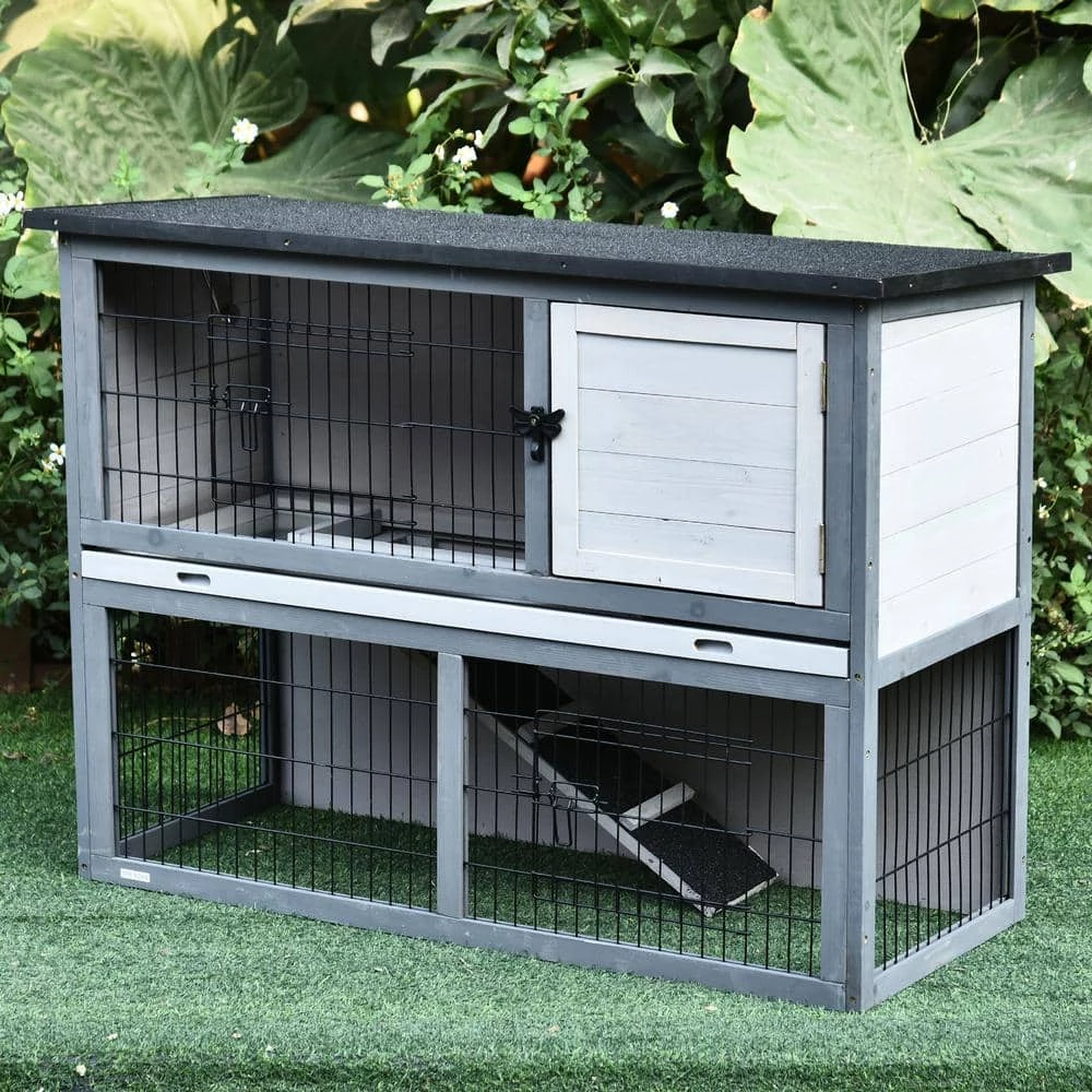 Grey Wooden Rabbit Hutch 4 Door House with Ramp, Removable Tray and Weatherproof Roof - Small by PawHut 2 Grey Wooden Rabbit Hutch 4 Door House with Ramp, Removable Tray and Weatherproof Roof - Small by PawHut - Image 2