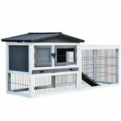 2 Levels Wooden Grey Rabbit Hutch with Run Space, Removable Tray, Ramp and Waterproof Roof by PawHut