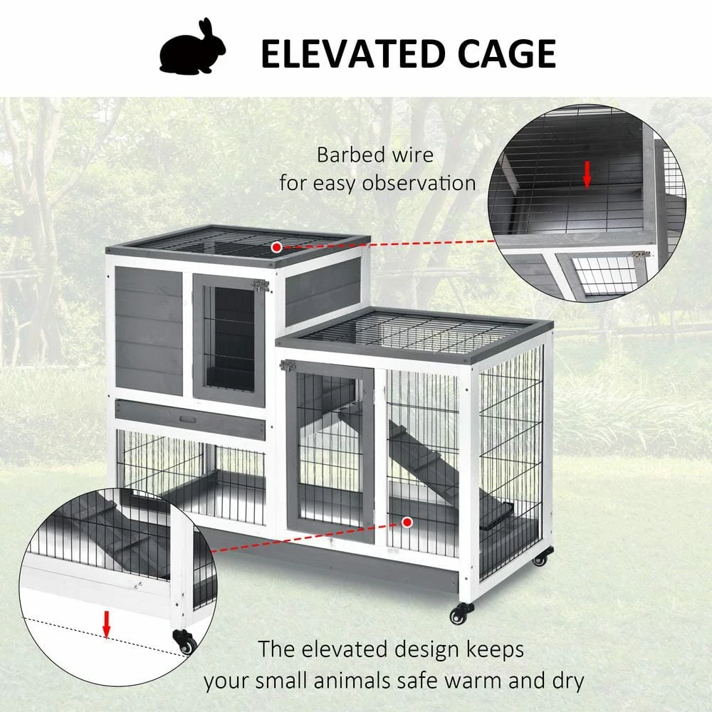 Grey Wooden Elevated Cage with Enclosed Run with Wheels, Ramp, Removable Tray Ideal by PawHut 4 Grey Wooden Elevated Cage with Enclosed Run with Wheels, Ramp, Removable Tray Ideal by PawHut - Image 4