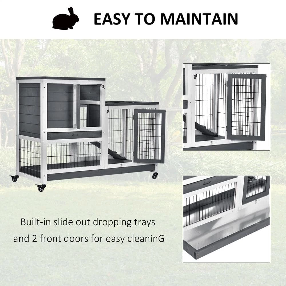 Grey Wooden Elevated Cage with Enclosed Run with Wheels, Ramp, Removable Tray Ideal by PawHut 5 Grey Wooden Elevated Cage with Enclosed Run with Wheels, Ramp, Removable Tray Ideal by PawHut - Image 5