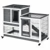 Grey Wooden Elevated Cage with Enclosed Run with Wheels, Ramp, Removable Tray Ideal by PawHut