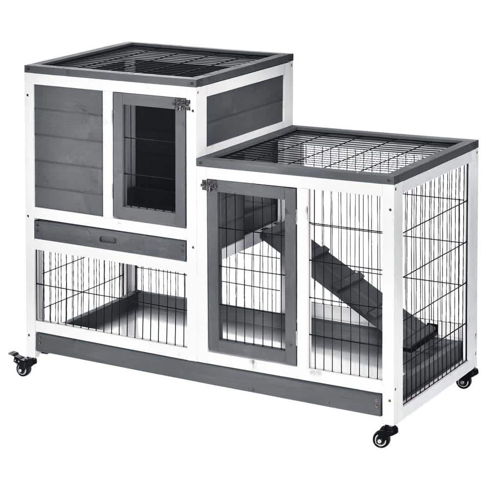 Grey Wooden Elevated Cage with Enclosed Run with Wheels, Ramp, Removable Tray Ideal by PawHut 1 Grey Wooden Elevated Cage with Enclosed Run with Wheels, Ramp, Removable Tray Ideal by PawHut