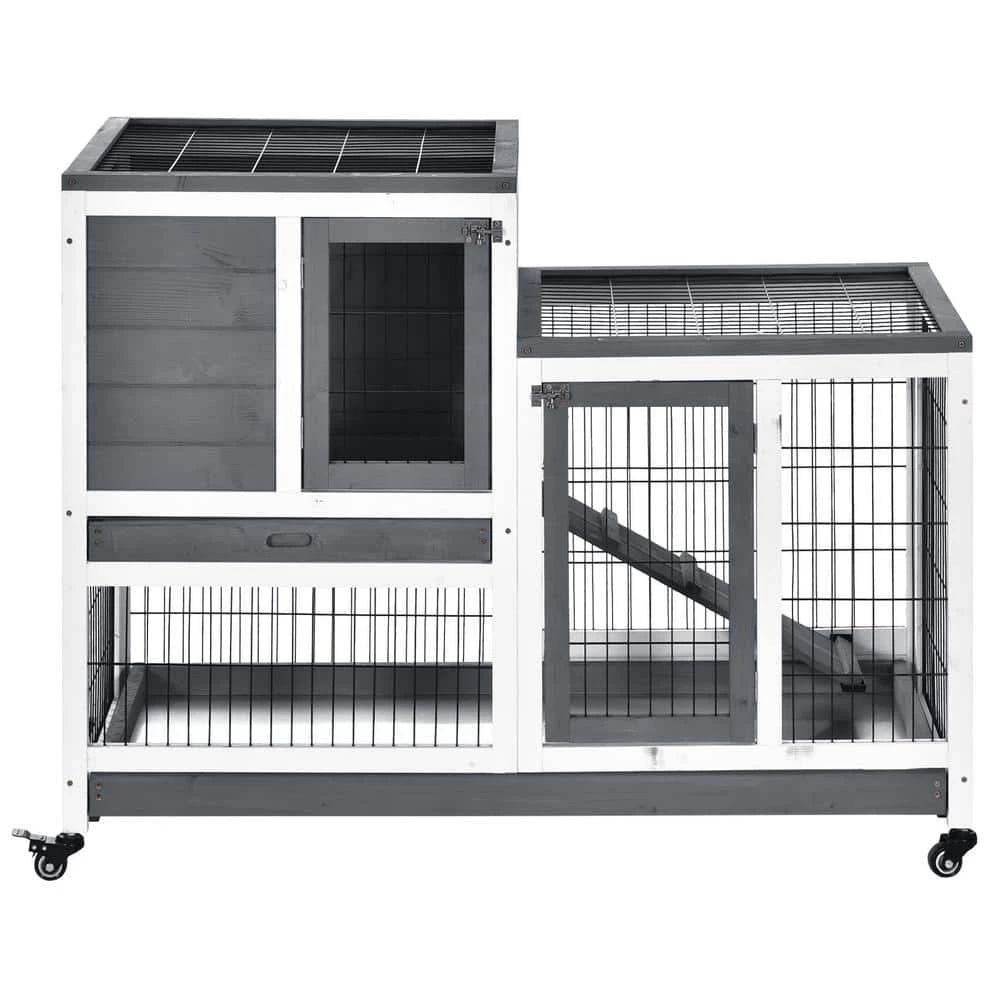 Grey Wooden Elevated Cage with Enclosed Run with Wheels, Ramp, Removable Tray Ideal by PawHut 7 Grey Wooden Elevated Cage with Enclosed Run with Wheels, Ramp, Removable Tray Ideal by PawHut - Image 7