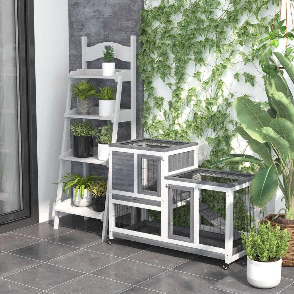 Grey Wooden Elevated Cage with Enclosed Run with Wheels, Ramp, Removable Tray Ideal by PawHut 2 Grey Wooden Elevated Cage with Enclosed Run with Wheels, Ramp, Removable Tray Ideal by PawHut - Image 2