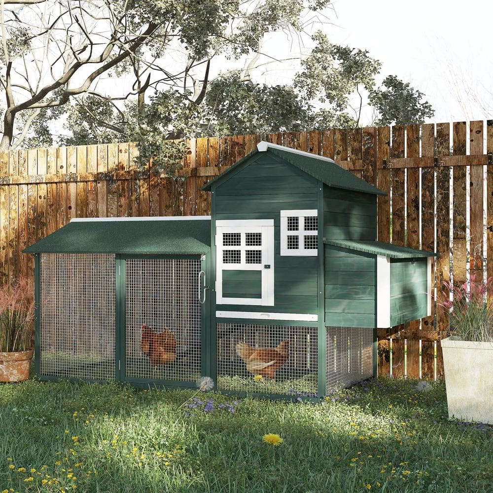 Green Wooden 0.07-Acre In-Ground Poultry Cage with Covered Fun Run, Home-Like Nesting Box, and Compact Low-Key Footprint by PawHut 2 Green Wooden 0.07-Acre In-Ground Poultry Cage with Covered Fun Run, Home-Like Nesting Box, and Compact Low-Key Footprint by PawHut - Image 2