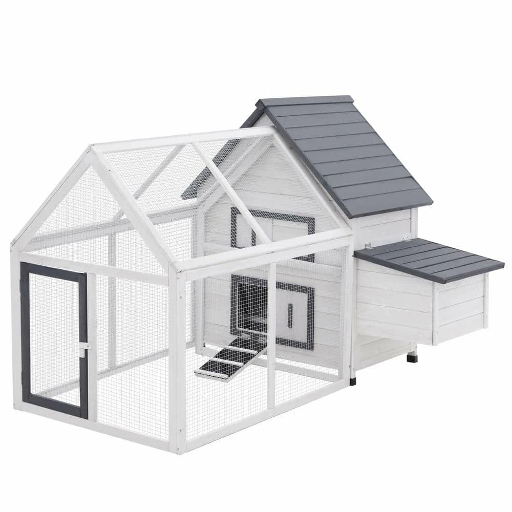 Grey and White Wooden 0.07-Acre In-Ground Poultry Cage with Nesting Box, Ramp, Run by PawHut 1 Grey and White Wooden 0.07-Acre In-Ground Poultry Cage with Nesting Box, Ramp, Run by PawHut