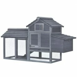 Grey Small Solid Wood In Ground Poultry Cage with 2 Doors, Nesting Box and Removable Tray by PawHut