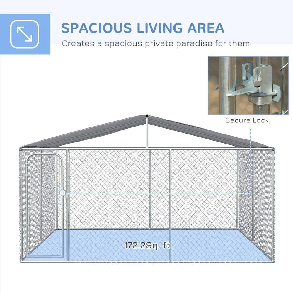 13 ft. x 13 ft. x 7.5 ft. Silver Galvanized 0.004-Acre In-Ground Steel Dog Kennel with Cover Secure Lock Mesh Sidewalls by PawHut 4 13 ft. x 13 ft. x 7.5 ft. Silver Galvanized 0.004-Acre In-Ground Steel Dog Kennel with Cover Secure Lock Mesh Sidewalls by PawHut - Image 4