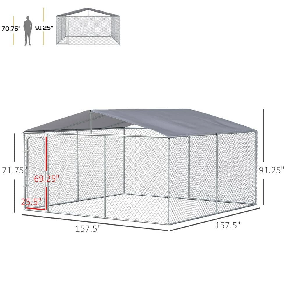 13 ft. x 13 ft. x 7.5 ft. Silver Galvanized 0.004-Acre In-Ground Steel Dog Kennel with Cover Secure Lock Mesh Sidewalls by PawHut 3 13 ft. x 13 ft. x 7.5 ft. Silver Galvanized 0.004-Acre In-Ground Steel Dog Kennel with Cover Secure Lock Mesh Sidewalls by PawHut - Image 3