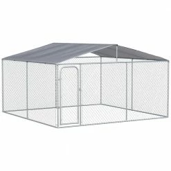 13 ft. x 13 ft. x 7.5 ft. Silver Galvanized 0.004-Acre In-Ground Steel Dog Kennel with Cover Secure Lock Mesh Sidewalls by PawHut