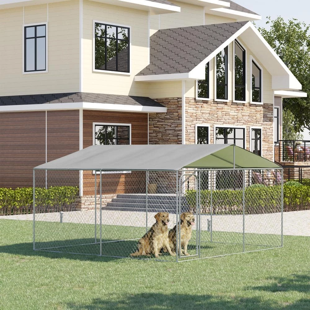 13 ft. x 13 ft. x 7.5 ft. Silver Galvanized 0.004-Acre In-Ground Steel Dog Kennel with Cover Secure Lock Mesh Sidewalls by PawHut 2 13 ft. x 13 ft. x 7.5 ft. Silver Galvanized 0.004-Acre In-Ground Steel Dog Kennel with Cover Secure Lock Mesh Sidewalls by PawHut - Image 2