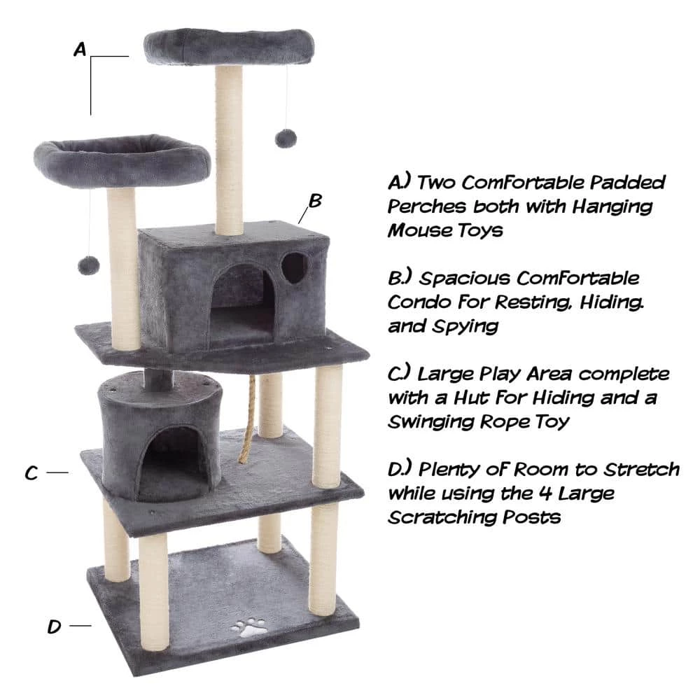 Dark Gray 5-Tier Cat Tower with 8 Scratching Posts, 2 Cat Condos, Hanging Toys, and 2 Perches for Kittens or Cats by Pet Trex 4 Dark Gray 5-Tier Cat Tower with 8 Scratching Posts, 2 Cat Condos, Hanging Toys, and 2 Perches for Kittens or Cats by Pet Trex - Image 4