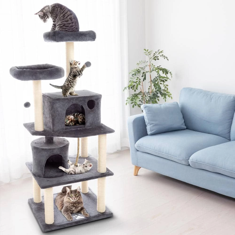 Dark Gray 5-Tier Cat Tower with 8 Scratching Posts, 2 Cat Condos, Hanging Toys, and 2 Perches for Kittens or Cats by Pet Trex 7 Dark Gray 5-Tier Cat Tower with 8 Scratching Posts, 2 Cat Condos, Hanging Toys, and 2 Perches for Kittens or Cats by Pet Trex - Image 7