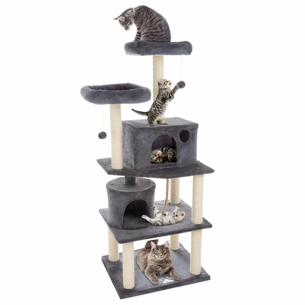 Dark Gray 5-Tier Cat Tower with 8 Scratching Posts, 2 Cat Condos, Hanging Toys, and 2 Perches for Kittens or Cats by Pet Trex 2 Dark Gray 5-Tier Cat Tower with 8 Scratching Posts, 2 Cat Condos, Hanging Toys, and 2 Perches for Kittens or Cats by Pet Trex - Image 2