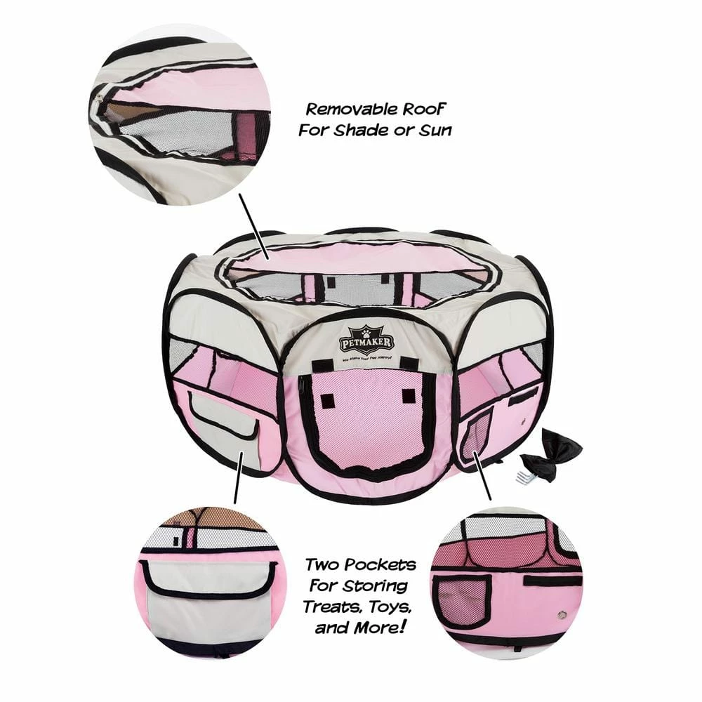 33 in. x 33 in. Portable Pop Up Pet Play Pen with Carrying Bag in Pink by Petmaker 4 33 in. x 33 in. Portable Pop Up Pet Play Pen with Carrying Bag in Pink by Petmaker - Image 4