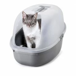 Plastic Hooded Cat Litter Box with Scoop in Light Gray and Metallic Gray by Rimax -Cheap Bird & Wildlife Supplies Store rimax litter boxes houses 12051 1f 1000