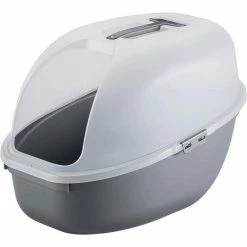 Plastic Hooded Cat Litter Box with Scoop in Light Gray and Metallic Gray by Rimax