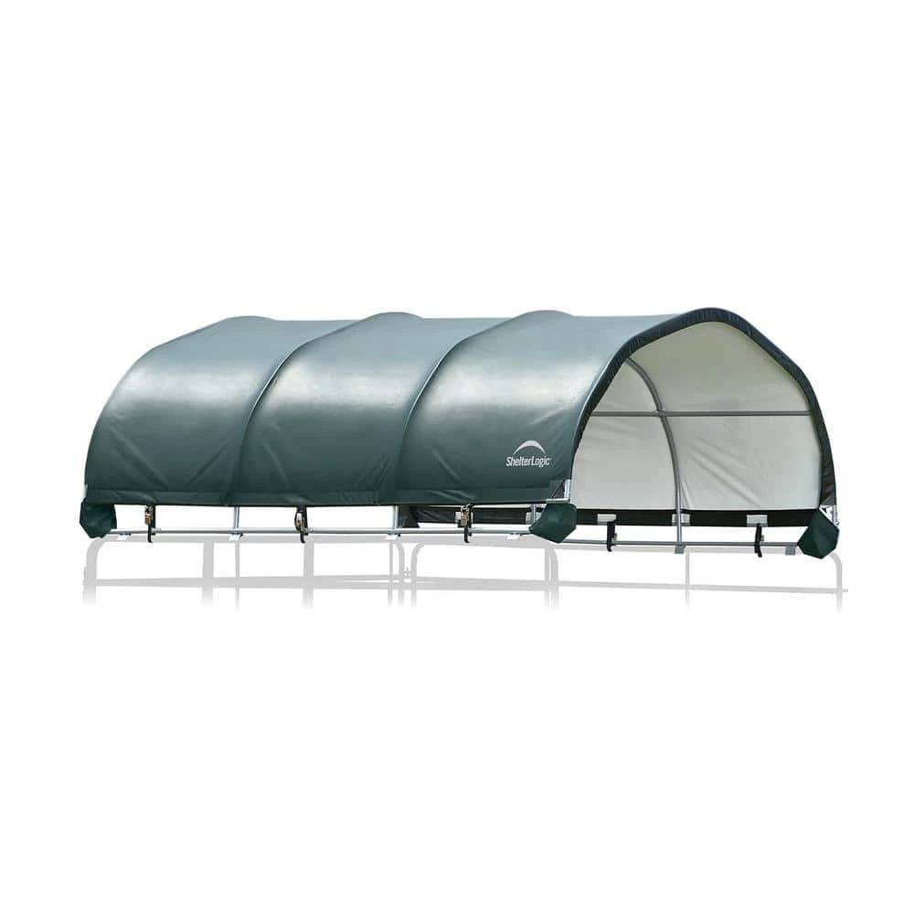 144 sq. ft. Corral Shelter w/ 1-3/8 in. Steel Frame, 7.5 oz. Green PE Cover, Patented Stabilizers, and Protective Boots by ShelterLogic 1 144 sq. ft. Corral Shelter w/ 1-3/8 in. Steel Frame, 7.5 oz. Green PE Cover, Patented Stabilizers, and Protective Boots by ShelterLogic