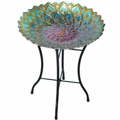 18 in. Glass Outdoor Fusion Mosaic Flower Birdbath with Stand by Teamson Home