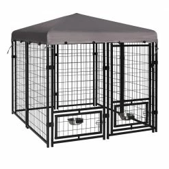 4.5 ft. x 4.5 ft. Outdoor Dog Kennel Fence with Rotating Feeding Door and Cover, Coverage Area 0.0005-Acre by VEIKOUS