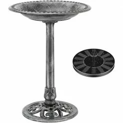 Antique Polyresin Gray Garden Birdbath with Solar Powered Round Fountain by VIVOHOME